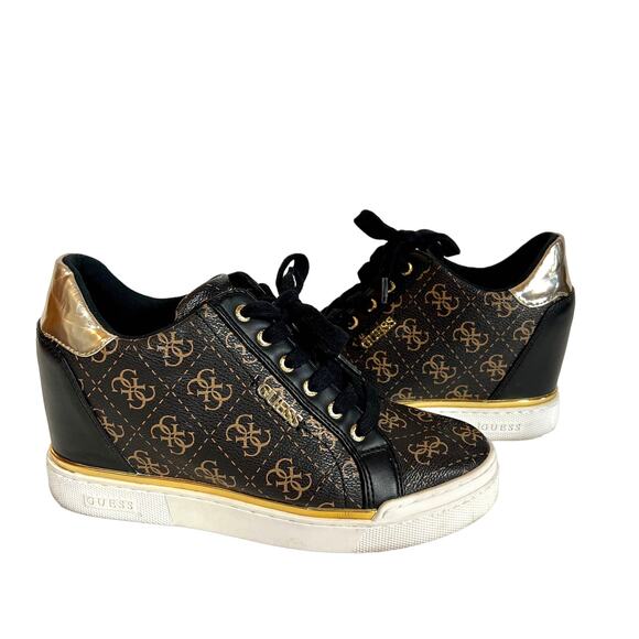 Guess GW Flowurs Wedge Sneakers in Brown and Metallic Gold Multi 8.5M - Picture 2 of 13